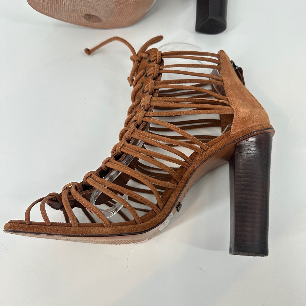 Schutz Brady Suede Leather Cage Lace Up Stacked High Heel Sandals Saddle 9B - Picture 8 of 10